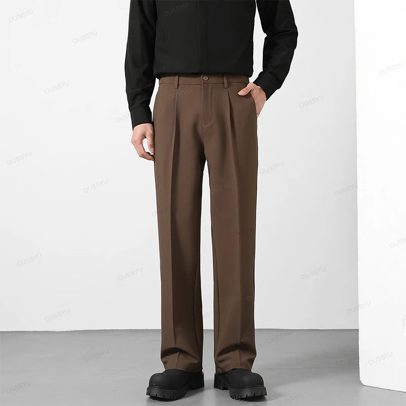 OUSSYU Brand Spring Casual Pants Men Business Elastic Waist Korean Style Black Brown Grey Khaki Trousers Male Plus Size S-4XL
