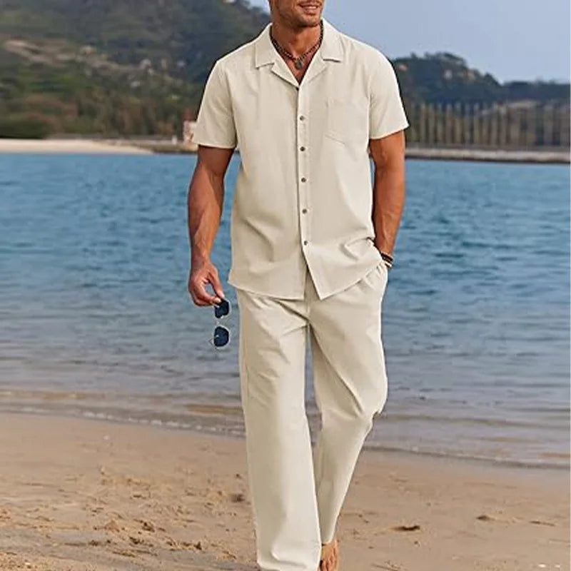 Quick drying breathable vacation men's summer cotton blend two-piece casual beach shirt loose shorts set wearing multiple colors