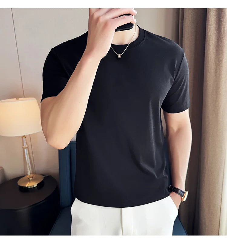 Mens T-shirt Short Sleeved Summer Thin Ice Silk Pure Cotton Top Round Neck T-shirt Sports Fitness Running Casual Mens Clothing
