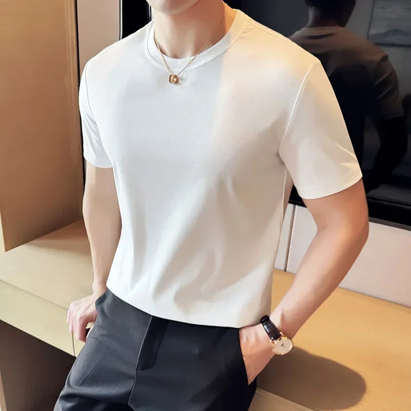 Mens T-shirt Short Sleeved Summer Thin Ice Silk Pure Cotton Top Round Neck T-shirt Sports Fitness Running Casual Mens Clothing