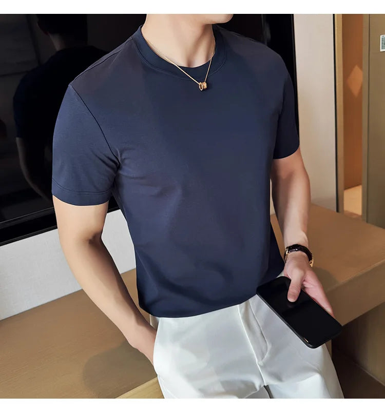 Mens T-shirt Short Sleeved Summer Thin Ice Silk Pure Cotton Top Round Neck T-shirt Sports Fitness Running Casual Mens Clothing