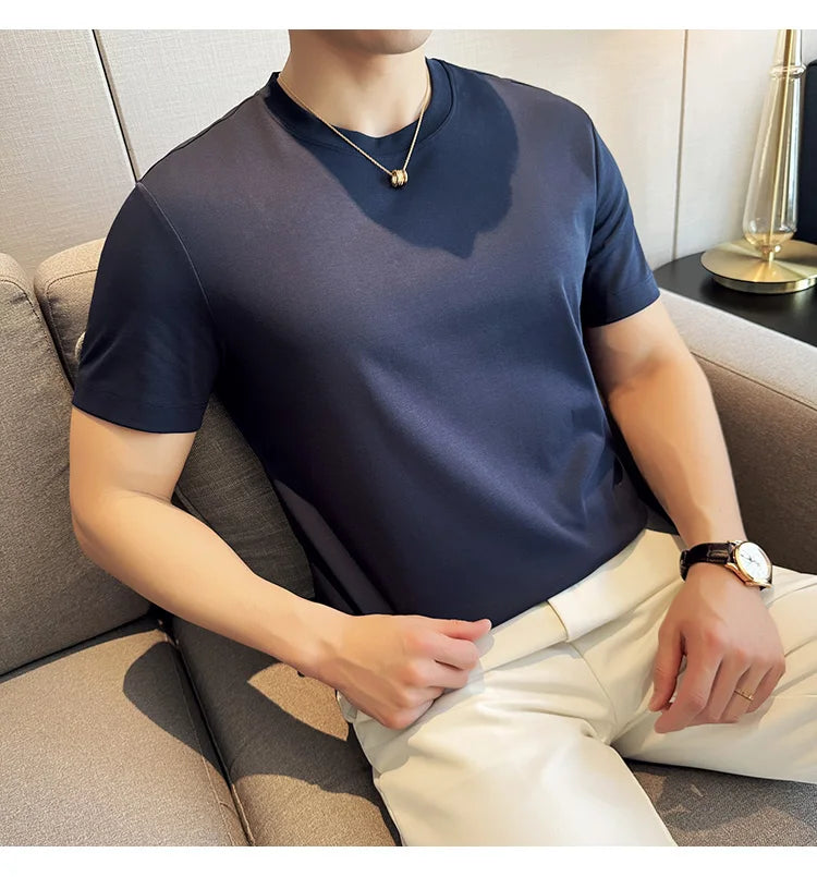 Mens T-shirt Short Sleeved Summer Thin Ice Silk Pure Cotton Top Round Neck T-shirt Sports Fitness Running Casual Mens Clothing