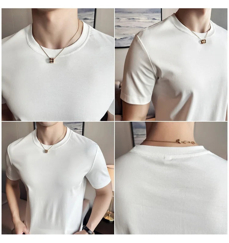 Mens T-shirt Short Sleeved Summer Thin Ice Silk Pure Cotton Top Round Neck T-shirt Sports Fitness Running Casual Mens Clothing