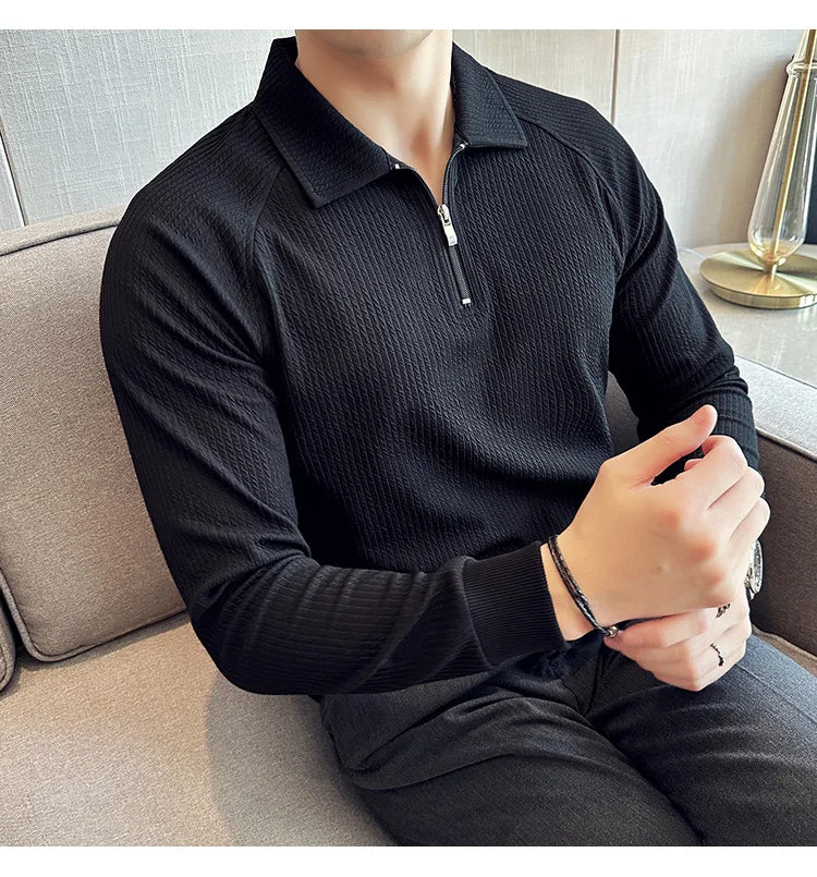Men High Elastic Long Sleeve Polo Shirts 2024 Autumn Winter Knitted Pullover Turn Down Collar Slim Fit Solid Casual Tee Shirt
