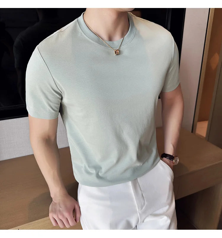 Mens T-shirt Short Sleeved Summer Thin Ice Silk Pure Cotton Top Round Neck T-shirt Sports Fitness Running Casual Mens Clothing