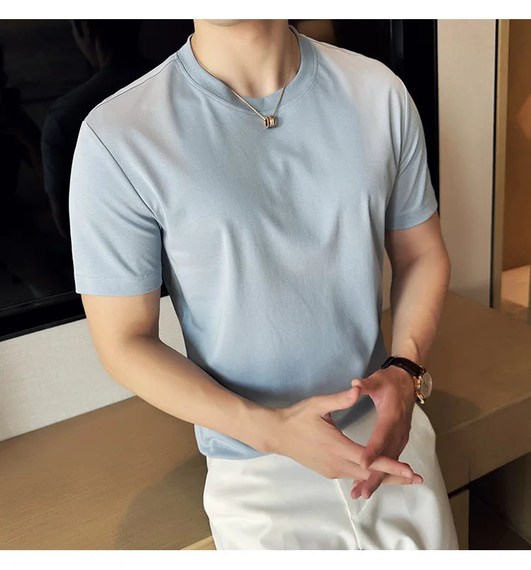 Mens T-shirt Short Sleeved Summer Thin Ice Silk Pure Cotton Top Round Neck T-shirt Sports Fitness Running Casual Mens Clothing