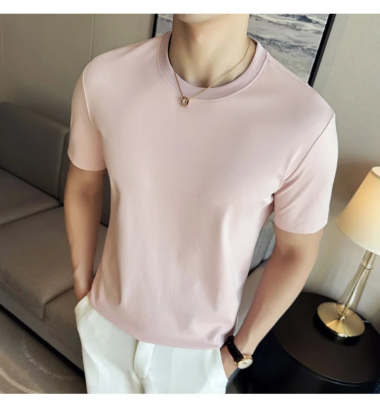 Mens T-shirt Short Sleeved Summer Thin Ice Silk Pure Cotton Top Round Neck T-shirt Sports Fitness Running Casual Mens Clothing