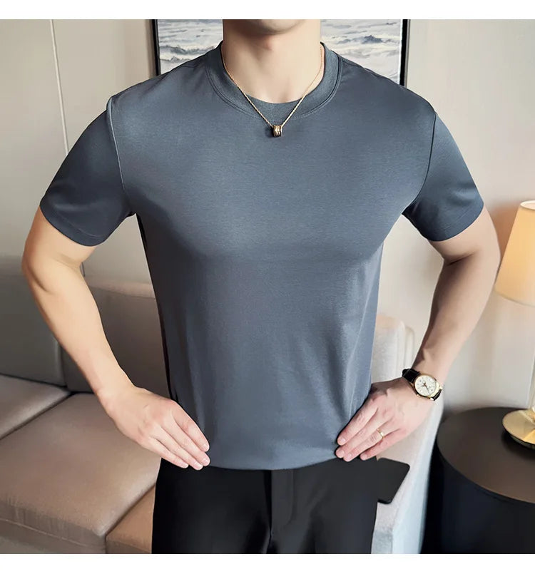 Mens T-shirt Short Sleeved Summer Thin Ice Silk Pure Cotton Top Round Neck T-shirt Sports Fitness Running Casual Mens Clothing