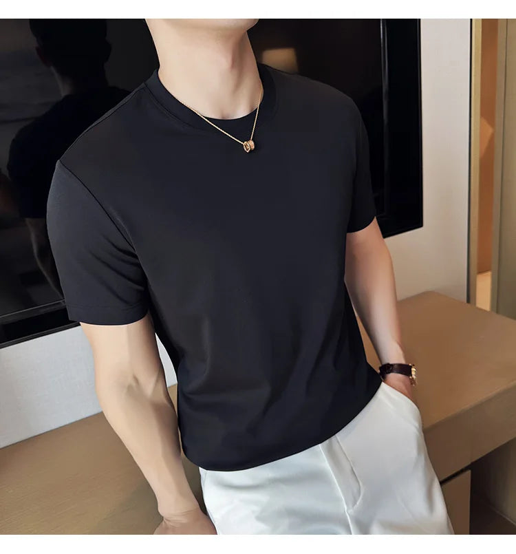 Mens T-shirt Short Sleeved Summer Thin Ice Silk Pure Cotton Top Round Neck T-shirt Sports Fitness Running Casual Mens Clothing