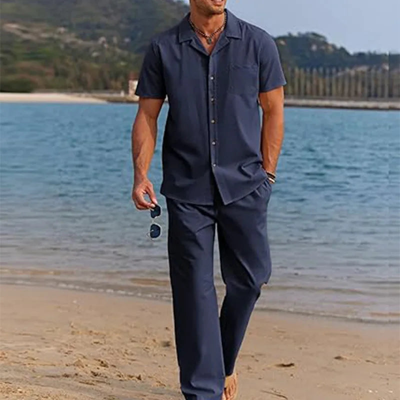 Quick drying breathable vacation men's summer cotton blend two-piece casual beach shirt loose shorts set wearing multiple colors
