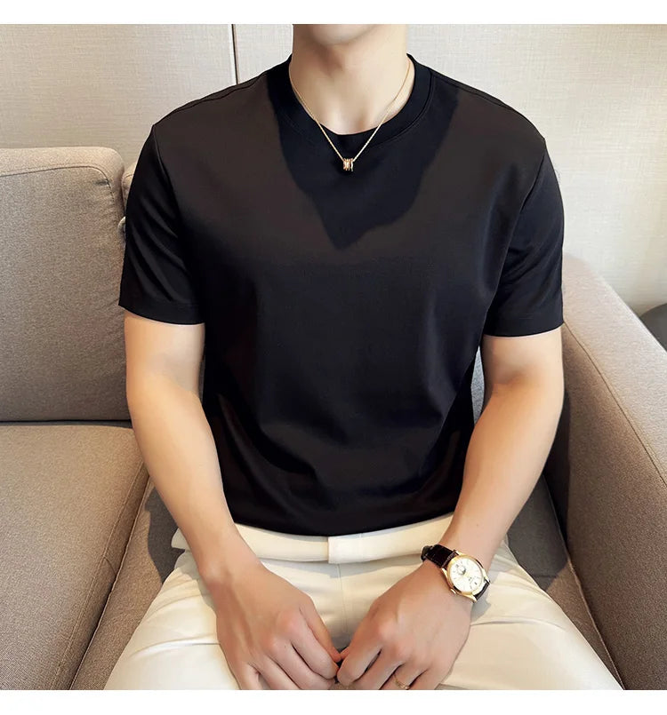 Mens T-shirt Short Sleeved Summer Thin Ice Silk Pure Cotton Top Round Neck T-shirt Sports Fitness Running Casual Mens Clothing