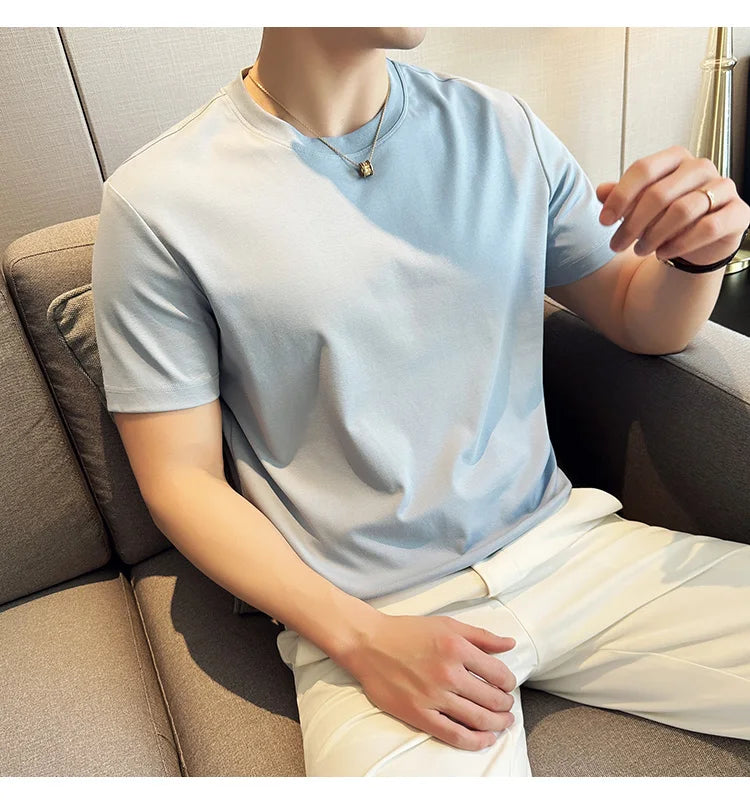 Mens T-shirt Short Sleeved Summer Thin Ice Silk Pure Cotton Top Round Neck T-shirt Sports Fitness Running Casual Mens Clothing
