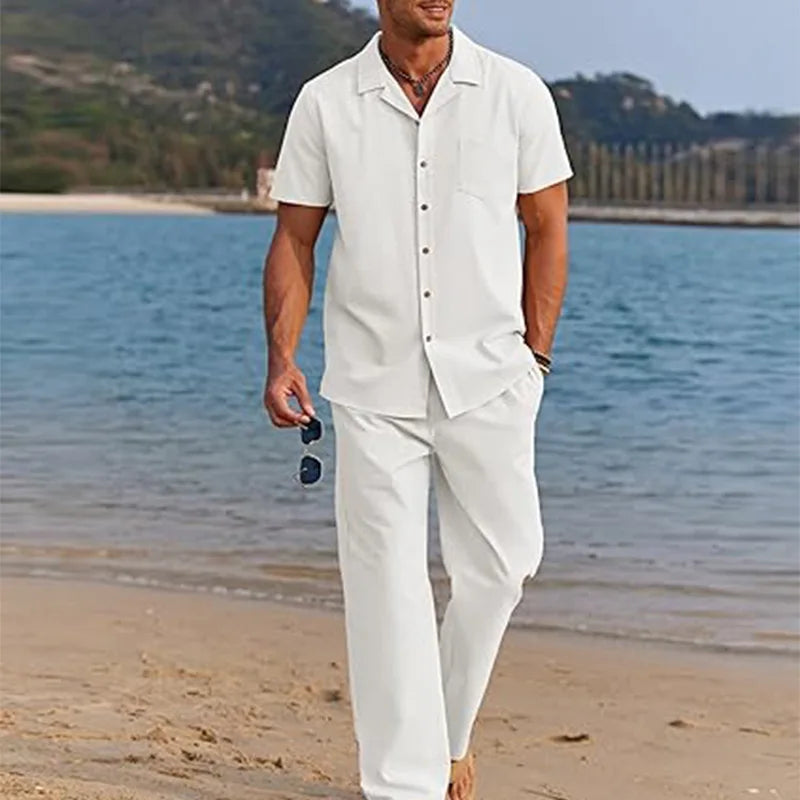 Quick drying breathable vacation men's summer cotton blend two-piece casual beach shirt loose shorts set wearing multiple colors