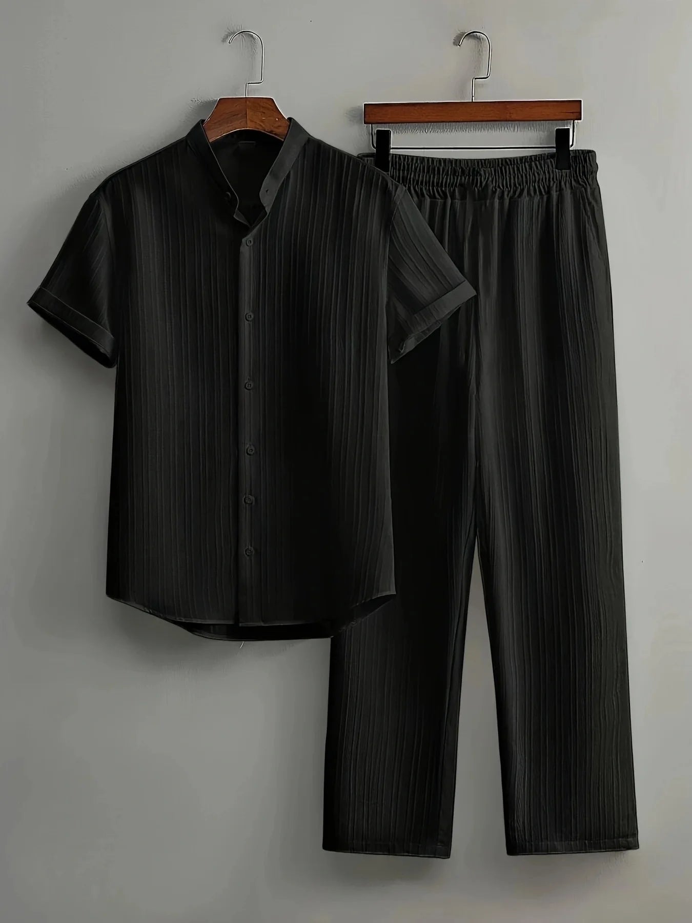 Men's Two Pieces Casual Outfit Loungewear Solid Color Textured Short Sleeve Button Down Shirt and Long Drawstring Pants