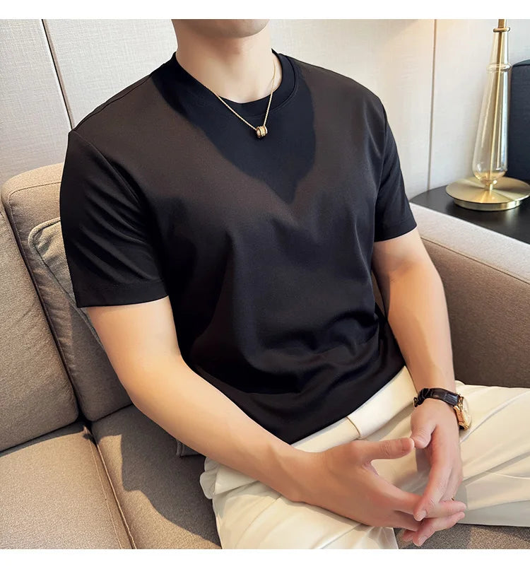 Mens T-shirt Short Sleeved Summer Thin Ice Silk Pure Cotton Top Round Neck T-shirt Sports Fitness Running Casual Mens Clothing