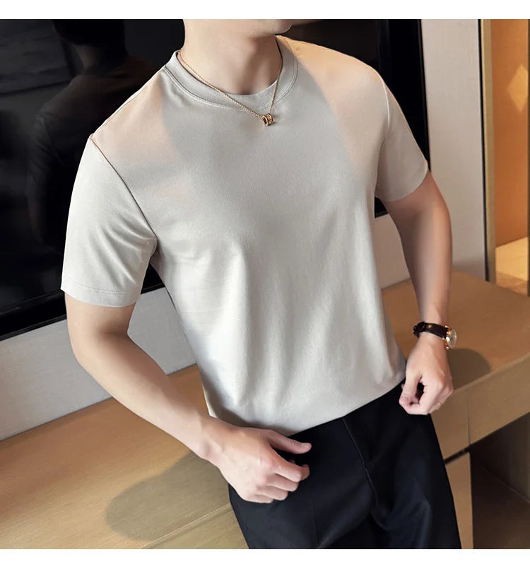 Mens T-shirt Short Sleeved Summer Thin Ice Silk Pure Cotton Top Round Neck T-shirt Sports Fitness Running Casual Mens Clothing