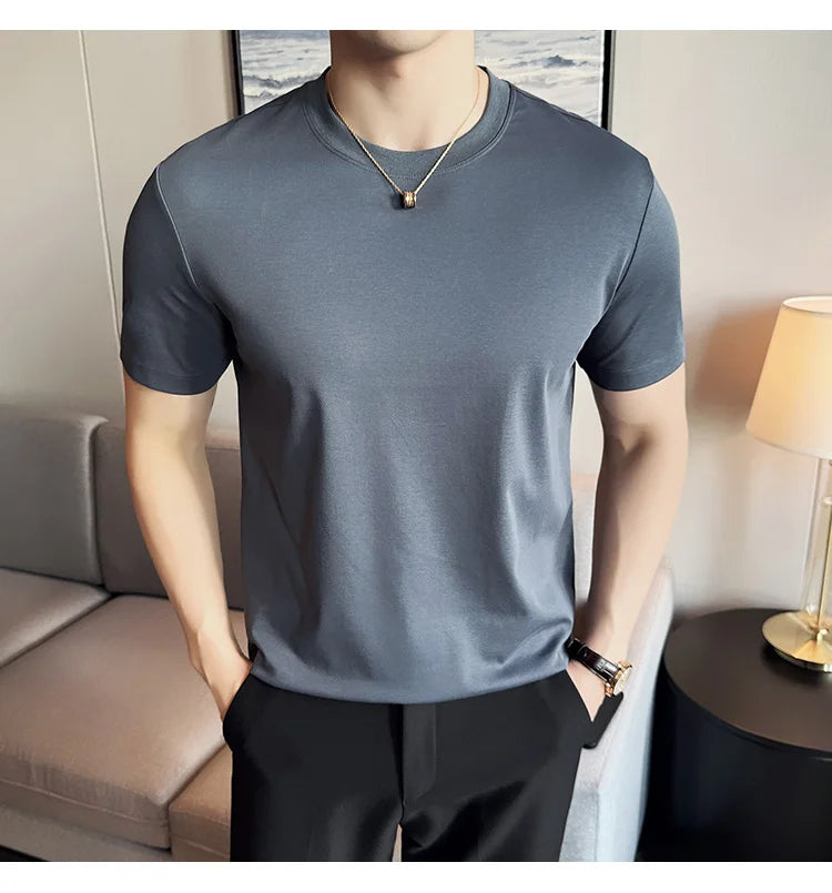 Mens T-shirt Short Sleeved Summer Thin Ice Silk Pure Cotton Top Round Neck T-shirt Sports Fitness Running Casual Mens Clothing