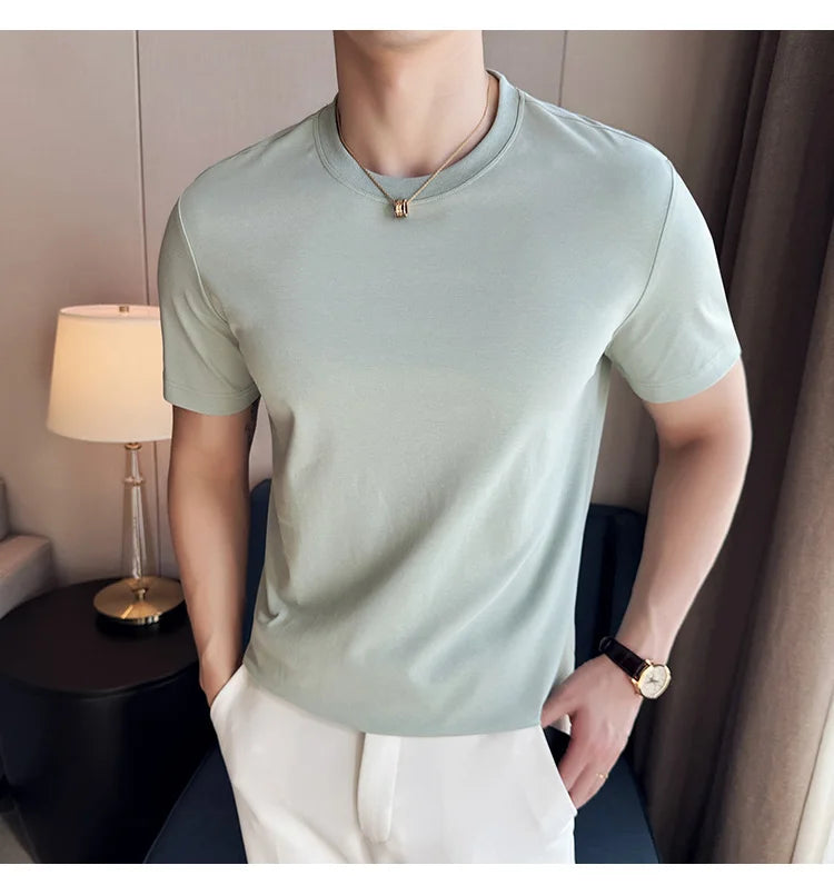 Mens T-shirt Short Sleeved Summer Thin Ice Silk Pure Cotton Top Round Neck T-shirt Sports Fitness Running Casual Mens Clothing