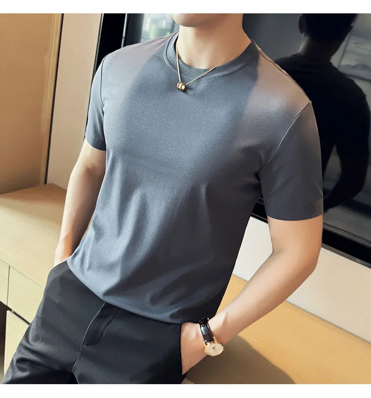 Mens T-shirt Short Sleeved Summer Thin Ice Silk Pure Cotton Top Round Neck T-shirt Sports Fitness Running Casual Mens Clothing