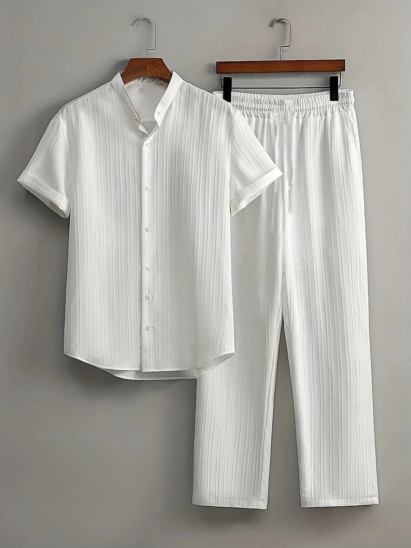 Men's Two Pieces Casual Outfit Loungewear Solid Color Textured Short Sleeve Button Down Shirt and Long Drawstring Pants