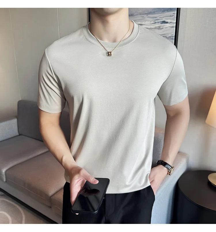 Mens T-shirt Short Sleeved Summer Thin Ice Silk Pure Cotton Top Round Neck T-shirt Sports Fitness Running Casual Mens Clothing