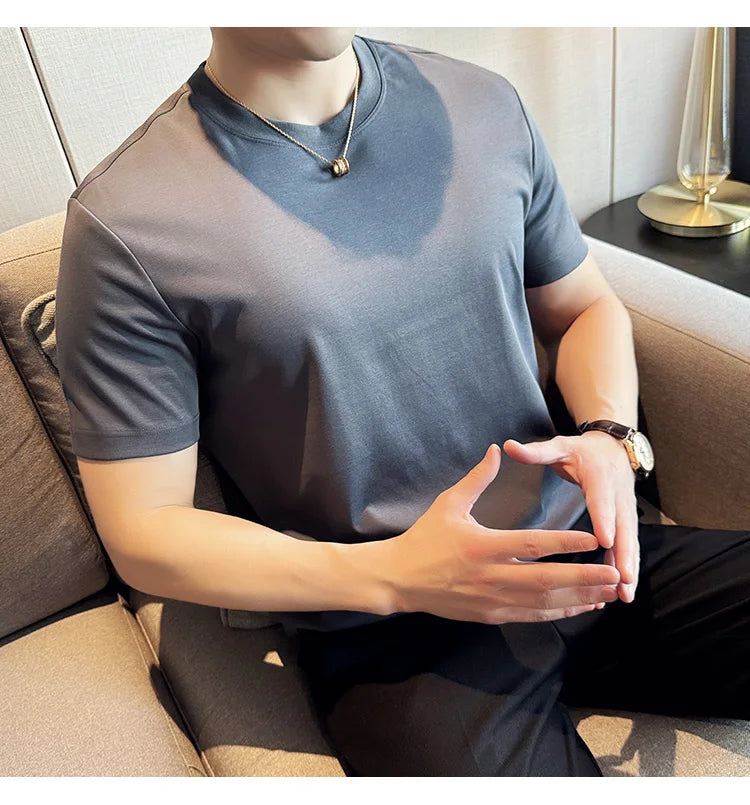 Mens T-shirt Short Sleeved Summer Thin Ice Silk Pure Cotton Top Round Neck T-shirt Sports Fitness Running Casual Mens Clothing