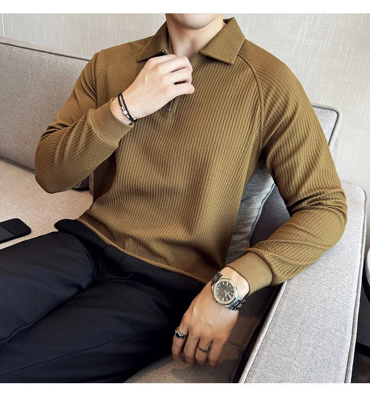 Men High Elastic Long Sleeve Polo Shirts 2024 Autumn Winter Knitted Pullover Turn Down Collar Slim Fit Solid Casual Tee Shirt