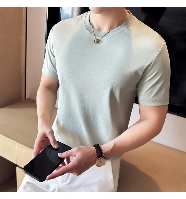 Mens T-shirt Short Sleeved Summer Thin Ice Silk Pure Cotton Top Round Neck T-shirt Sports Fitness Running Casual Mens Clothing
