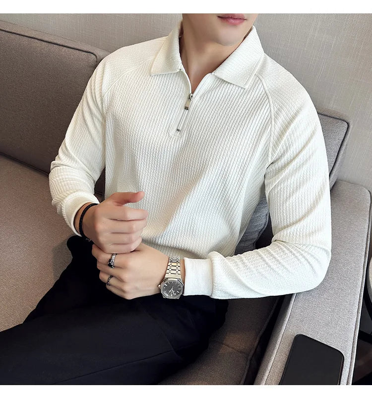Men High Elastic Long Sleeve Polo Shirts 2024 Autumn Winter Knitted Pullover Turn Down Collar Slim Fit Solid Casual Tee Shirt