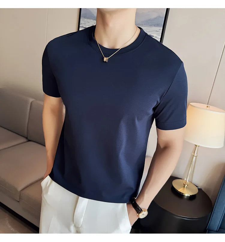 Mens T-shirt Short Sleeved Summer Thin Ice Silk Pure Cotton Top Round Neck T-shirt Sports Fitness Running Casual Mens Clothing