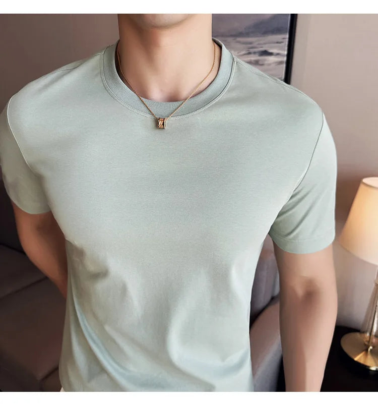 Mens T-shirt Short Sleeved Summer Thin Ice Silk Pure Cotton Top Round Neck T-shirt Sports Fitness Running Casual Mens Clothing
