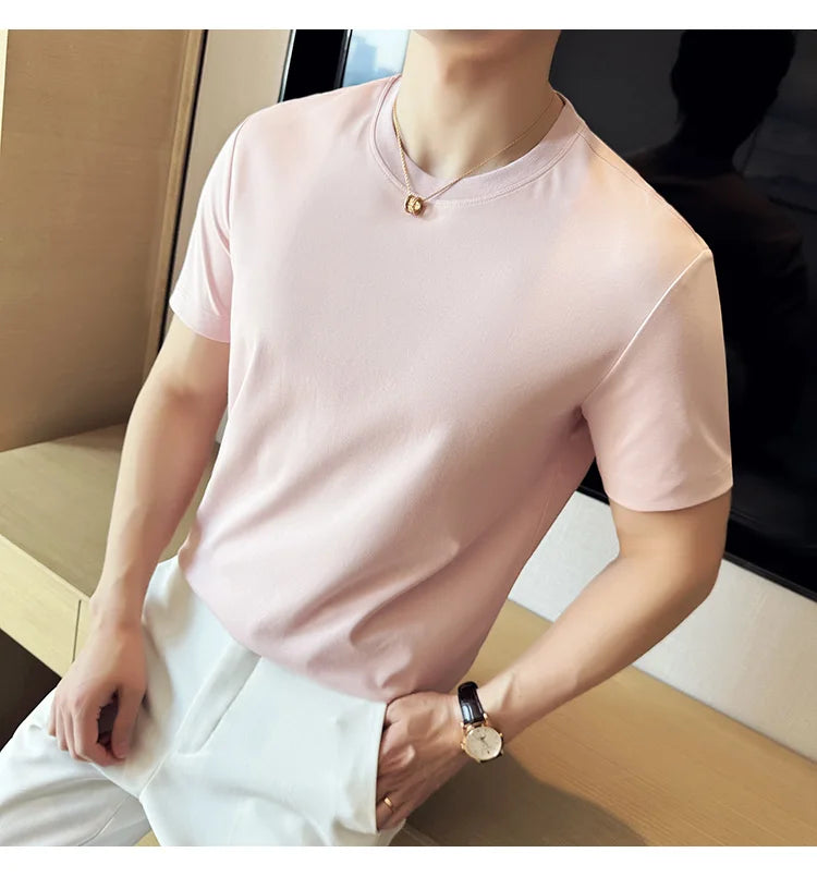 Mens T-shirt Short Sleeved Summer Thin Ice Silk Pure Cotton Top Round Neck T-shirt Sports Fitness Running Casual Mens Clothing