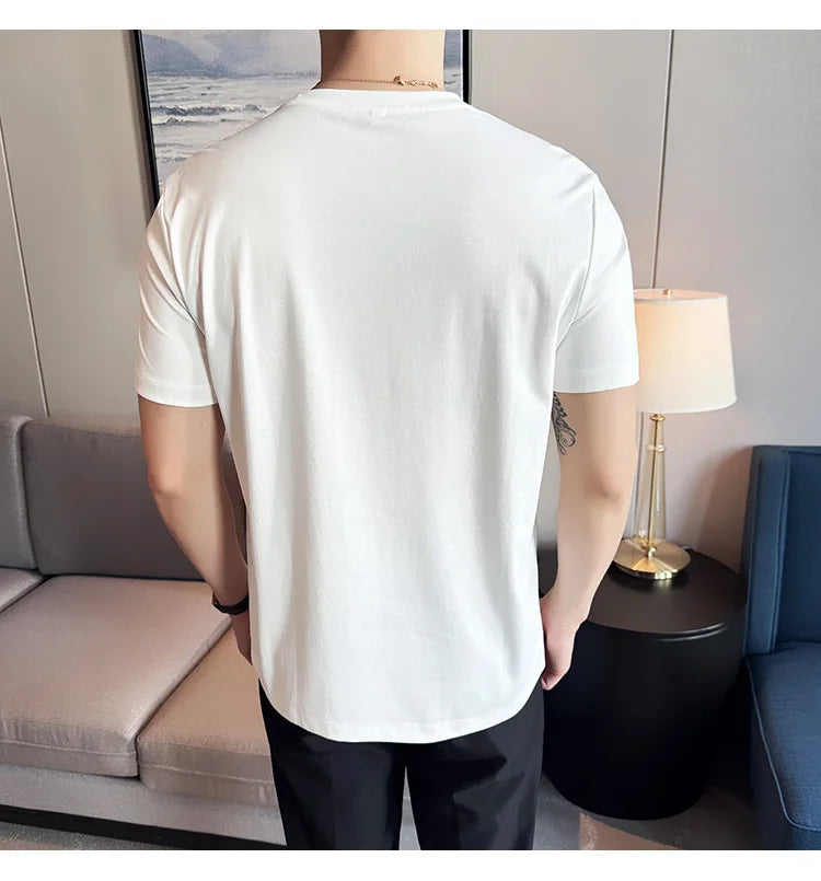 Mens T-shirt Short Sleeved Summer Thin Ice Silk Pure Cotton Top Round Neck T-shirt Sports Fitness Running Casual Mens Clothing
