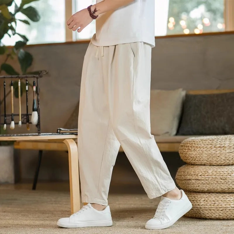 Men's Pants Cotton and Linen Male Summer New Solid Color Mens Trousers Loose Fitness Baggy Streetwear Plus Size M-5XL