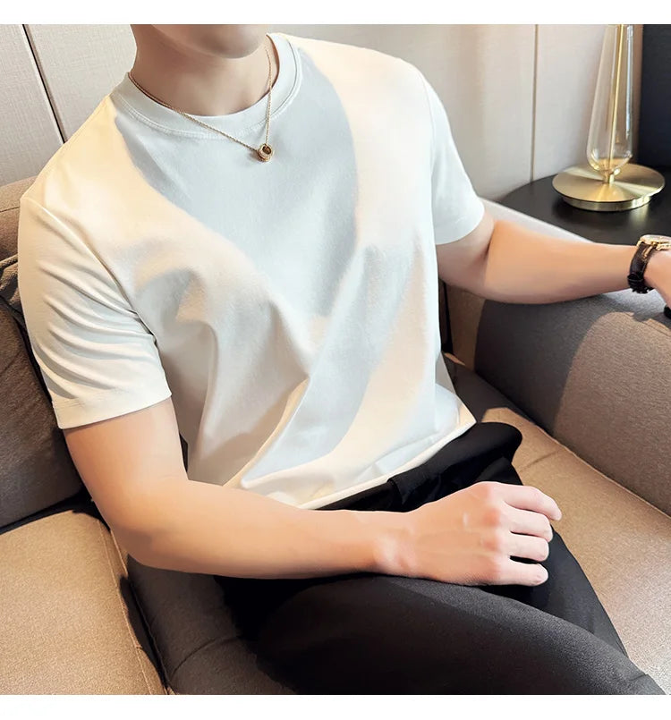 Mens T-shirt Short Sleeved Summer Thin Ice Silk Pure Cotton Top Round Neck T-shirt Sports Fitness Running Casual Mens Clothing