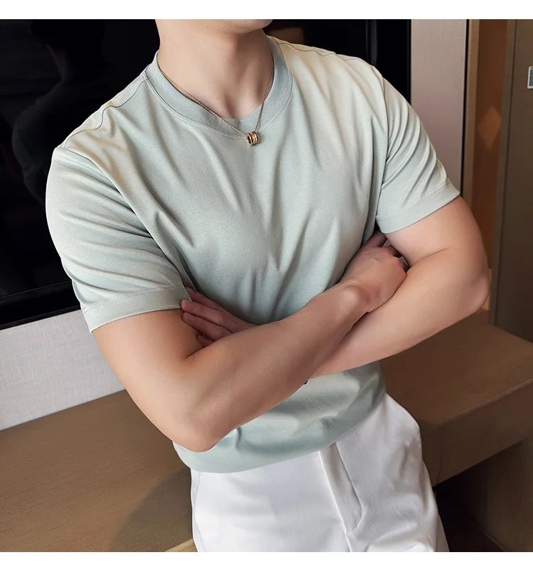 Mens T-shirt Short Sleeved Summer Thin Ice Silk Pure Cotton Top Round Neck T-shirt Sports Fitness Running Casual Mens Clothing