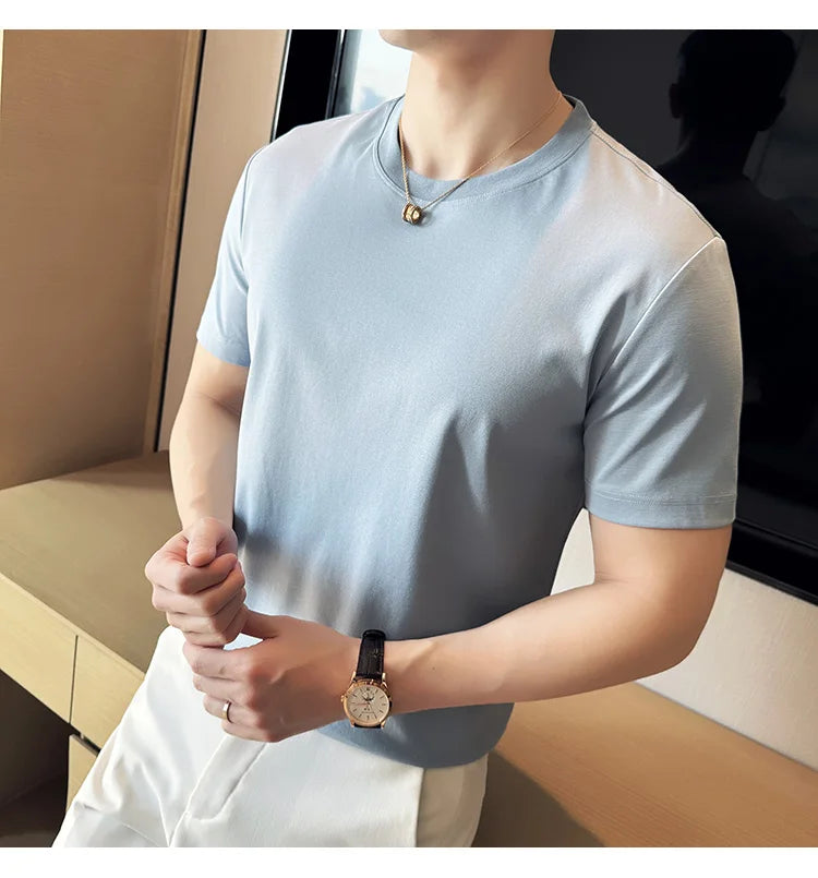 Mens T-shirt Short Sleeved Summer Thin Ice Silk Pure Cotton Top Round Neck T-shirt Sports Fitness Running Casual Mens Clothing