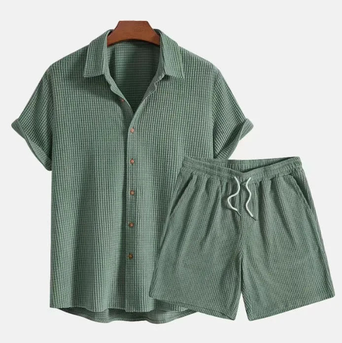 Men Corduroy Suits Solid Color Short Sleeve Lapel Button Shirts And Shorts Two Piece Sets  Fashion Streetwear Mens Casual Outfit