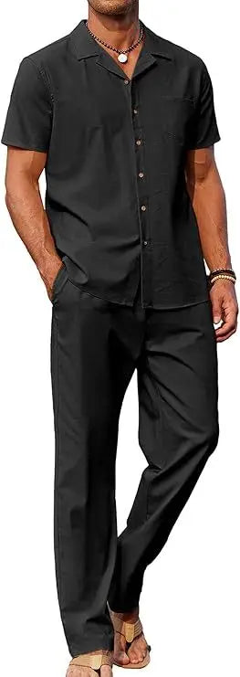 Quick drying breathable vacation men's summer cotton blend two-piece casual beach shirt loose shorts set wearing multiple colors