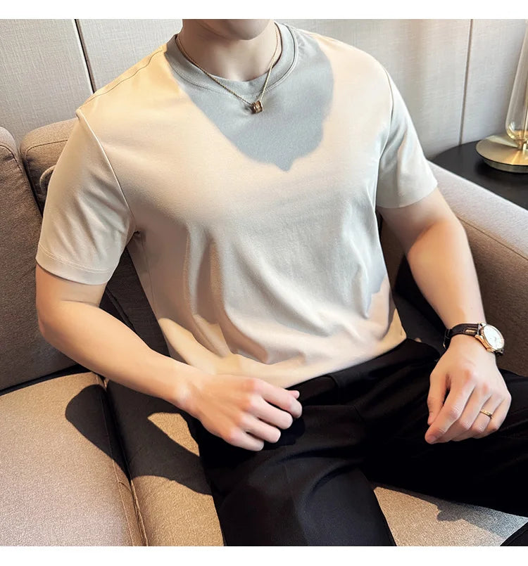 Mens T-shirt Short Sleeved Summer Thin Ice Silk Pure Cotton Top Round Neck T-shirt Sports Fitness Running Casual Mens Clothing