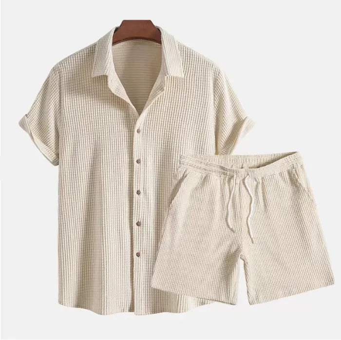 Men Corduroy Suits Solid Color Short Sleeve Lapel Button Shirts And Shorts Two Piece Sets  Fashion Streetwear Mens Casual Outfit