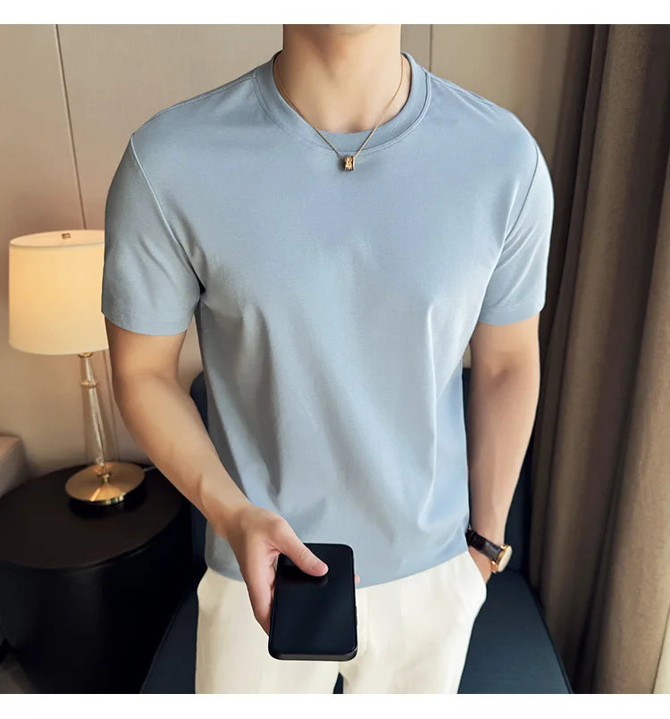 Mens T-shirt Short Sleeved Summer Thin Ice Silk Pure Cotton Top Round Neck T-shirt Sports Fitness Running Casual Mens Clothing