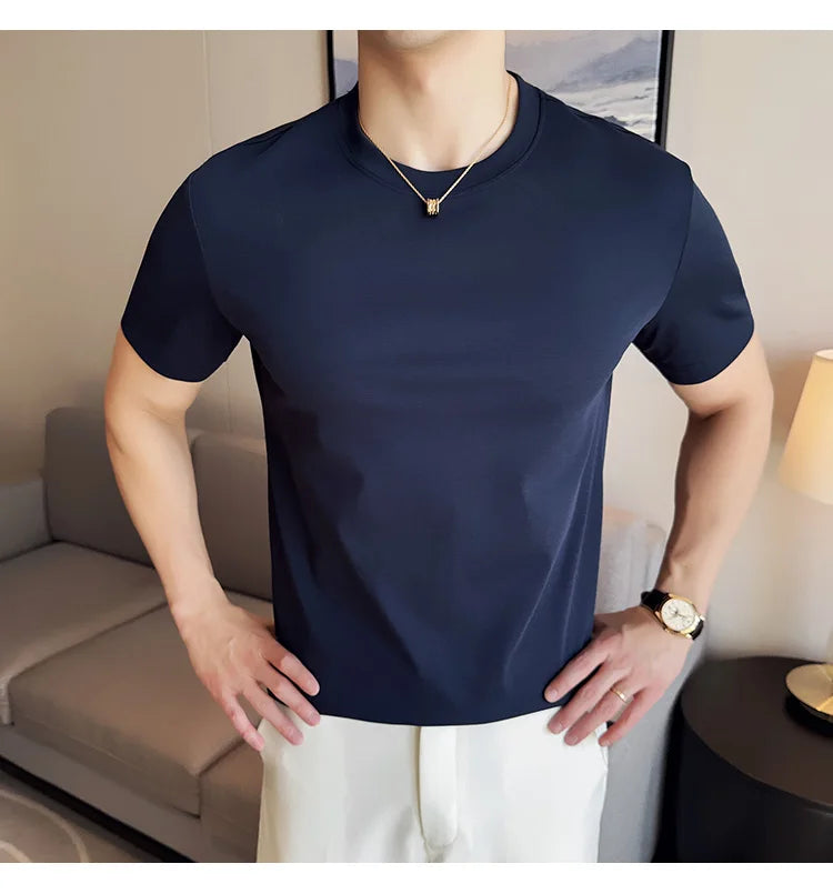 Mens T-shirt Short Sleeved Summer Thin Ice Silk Pure Cotton Top Round Neck T-shirt Sports Fitness Running Casual Mens Clothing