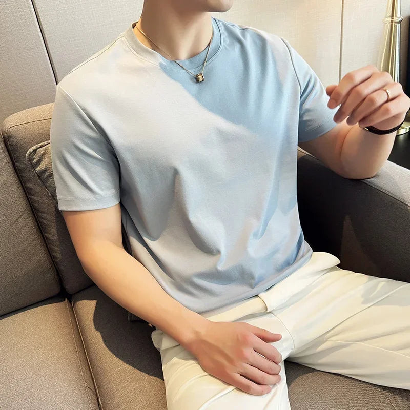 Mens T-shirt Short Sleeved Summer Thin Ice Silk Pure Cotton Top Round Neck T-shirt Sports Fitness Running Casual Mens Clothing