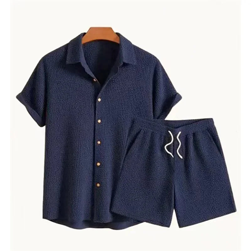 Men Corduroy Suits Solid Color Short Sleeve Lapel Button Shirts And Shorts Two Piece Sets  Fashion Streetwear Mens Casual Outfit