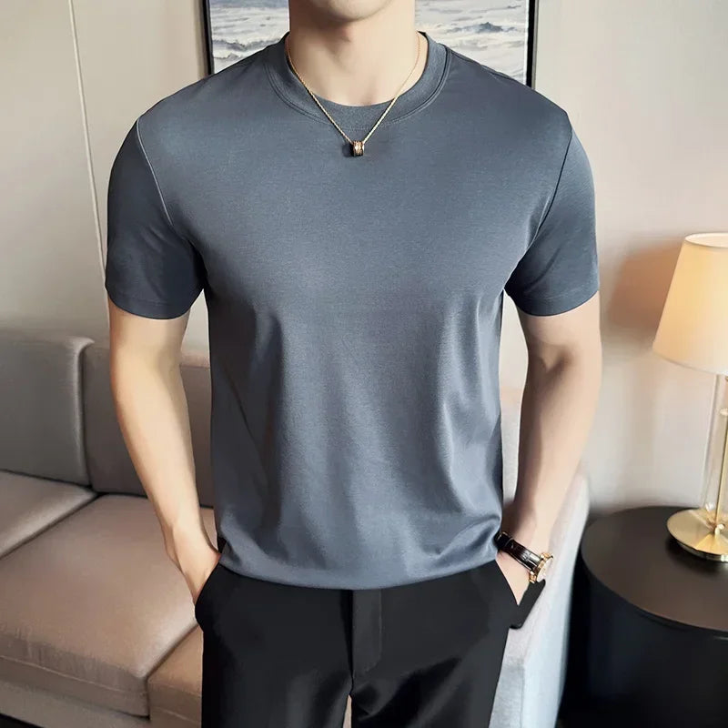 Mens T-shirt Short Sleeved Summer Thin Ice Silk Pure Cotton Top Round Neck T-shirt Sports Fitness Running Casual Mens Clothing