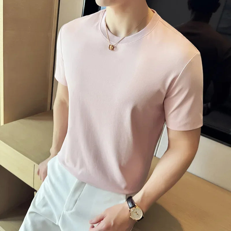 Mens T-shirt Short Sleeved Summer Thin Ice Silk Pure Cotton Top Round Neck T-shirt Sports Fitness Running Casual Mens Clothing