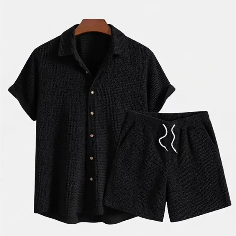 Men Corduroy Suits Solid Color Short Sleeve Lapel Button Shirts And Shorts Two Piece Sets  Fashion Streetwear Mens Casual Outfit