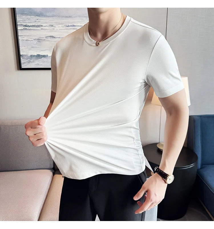 Mens T-shirt Short Sleeved Summer Thin Ice Silk Pure Cotton Top Round Neck T-shirt Sports Fitness Running Casual Mens Clothing
