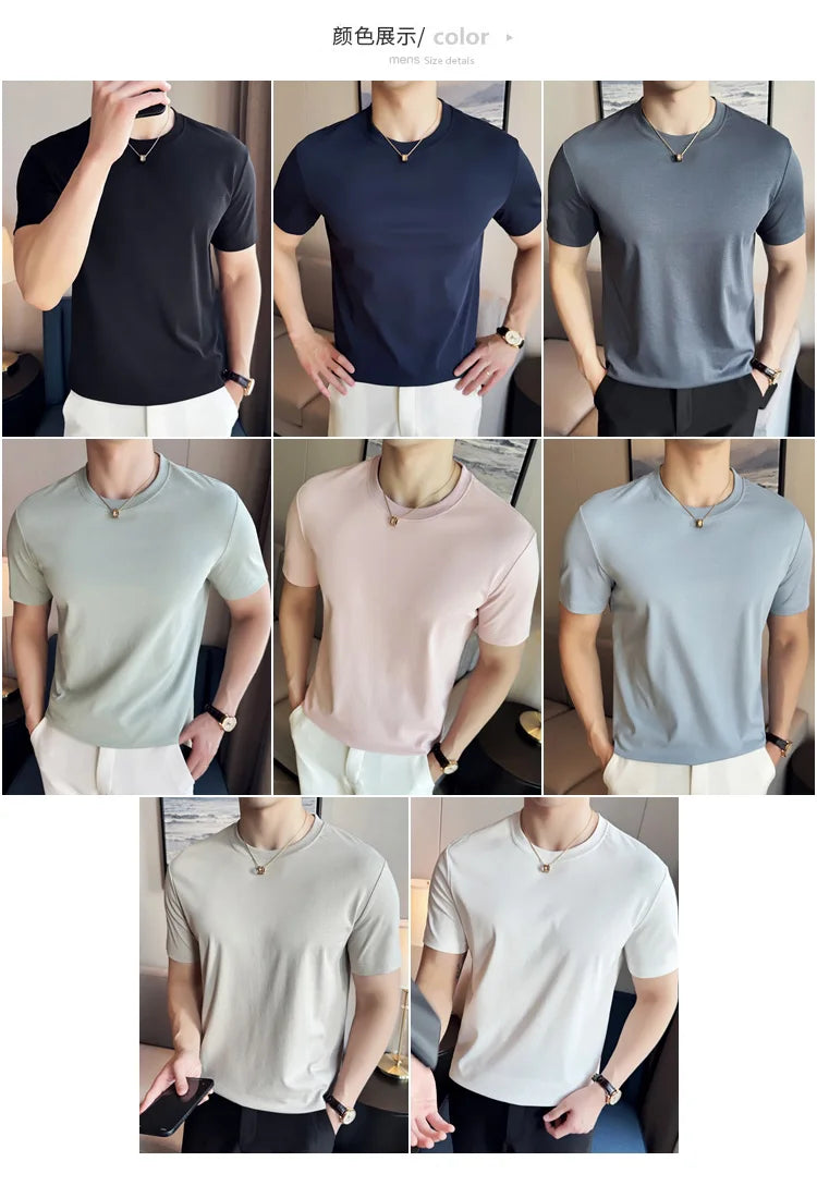 Mens T-shirt Short Sleeved Summer Thin Ice Silk Pure Cotton Top Round Neck T-shirt Sports Fitness Running Casual Mens Clothing